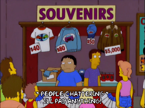Simpson Gif many characters run to a souvenirs stands waving money